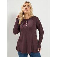 Yours Curve Pointelle Henley Top - Brown