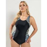 Yours Curve Pastel Active Leopard Print Swimsuit - Black