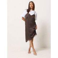 Pixiegirl Womens Petite Lace Satin Asymmetric Slip Dress - Brown