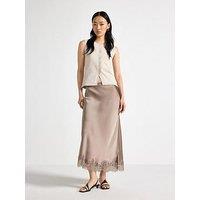 Lindex Women'S Satin Midi Skirt With Lace Trim - Light Dusty Khaki