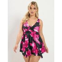 Yours Curve Floral Knot Front Tankini Top - Black