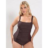 Yours Curve Square Neckline Swimsuit - Chocolate Brown