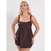 Yours Curve Square Neckline Swim Dress - Chocolate Brown