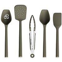 Prestige Silicone - 5 Piece Utensil Set: Solid Spoon , Slotted Spoon , Slotted Turner , Spatula ,Tongs: Urban Olive