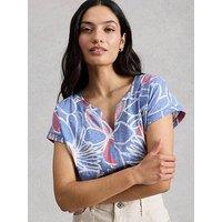 White Stuff Nelly Printed Notch Neck Short Sleeve Tee - Blue