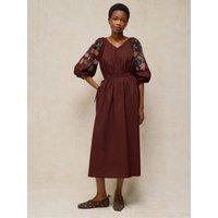 White Stuff Womens Winnie Cotton Embroidered Puff Sleeve Dress - Brown