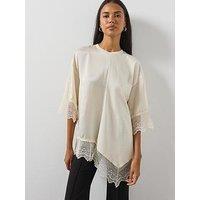 Allsaints Womens Lenny Lace Trim Longline 3/4 Sleeve T-Shirt - White