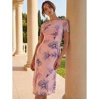 Roman Petite Print Ruched Mesh Midi Dress