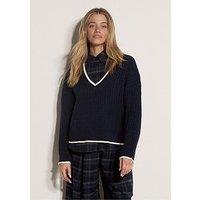 Apricot Womens Main Collection Cable Knit V-Neck Tipped Jumper - Navy