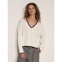 Apricot Womens V-Neck Tipped Cable Knit Jumper - White