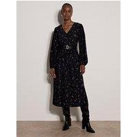 Apricot Womens Shirred Waist V-Neck Ditsy Smock Dress - Black