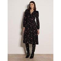 Apricot Womens Floral Spray V-Neck Button Front Midi Dress - Black