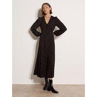 Apricot Womens Vintage Ditsy Split Front Tie Neck Dress - Black