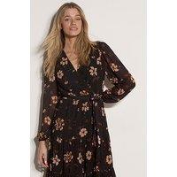 Apricot Womens Wrap Tiered Long Sleeve Dress - Black