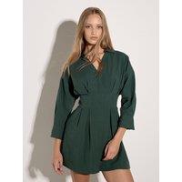 Apricot Womens Pleated Waist V-Neck Collar Mini Dress - Green