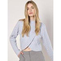 Apricot Womens Cable Knit Wrap-Over Mock Neck Jumper - Blue