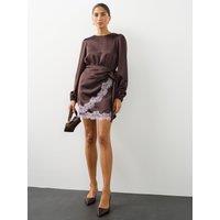 The Very Collection Womens Wrap Tie Contrast Lace Mini Dress - Brown