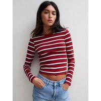 New Look Womens Striped Cotton Rich Stretch Long Sleeve T-Shirt - Red