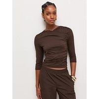 New Look Womens Wrap Neck Ruched Jersey Blouse - Brown