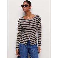 New Look Striped Ribbed Long Sleeve Button Front Top - Brown