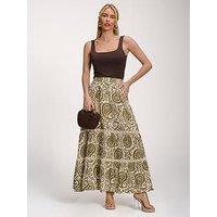 Jolie Moi Lace Trim Tiered Maxi Skirt - Green