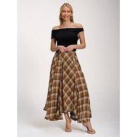 Jolie Moi Checked Chiffon Hanky Hem Maxi Skirt - Brown