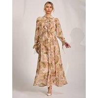Jolie Moi Long Sleeve Ruffle Chiffon Shirt Maxi Dress - Beige