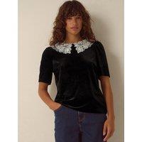 Monsoon Womens Lenora Lace Collar Puff Sleeve T-Shirt - Black