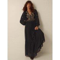 Monsoon Womens Ella Velvet Embroidered V-Neck Maxi Dress - Black