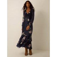 Monsoon Womens Rowena Lace Waist Frill Floral Dress - Blue