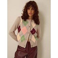 Monsoon Womens Alba Argyle Button-Through Puff Shoulder Cardigan - Brown