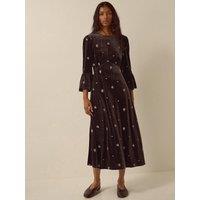 Monsoon Womens Embroidered Velvet Fluted Sleeve Midi Dress - Brown