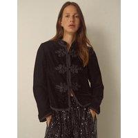 Monsoon Womens Embroidered Frog Fastening Velvet Jacket - Black