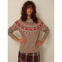 Monsoon Womens Mushroom Fairisle Yoke Crew Neck Long Sleeve Jumper - Brown