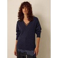 Monsoon Womens Lilah Lace Trim V-Neck Relaxed Jumper - Blue