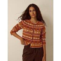 Monsoon Womens Fair Isle Crew Neck Button-Through Cardigan - Orange