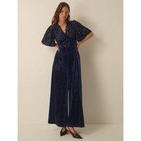 Monsoon Womens Nadine Devore Velvet Wide-Leg Short Sleeve Jumpsuit - Blue