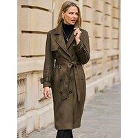 Sosandar Khaki Faux Suede Longline Trench Coat - Green