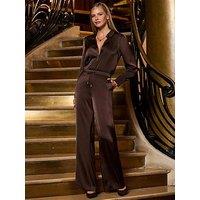 Sosandar Satin Drawstring Wide Leg Trousers - Chocolate Brown