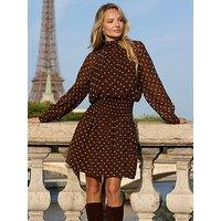 Sosandar Fleck Print Tie Neck Ruched Waist Dress - Brown