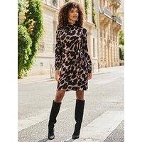 Sosandar Animal Print Funnel Neck Belted Shift Dress - Brown