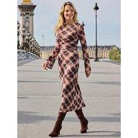 Sosandar Check Print Fluted Sleeve Stretch Mesh Top - Brown