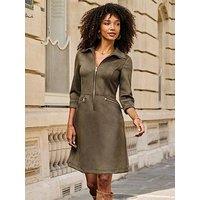 Sosandar Khaki Faux Suede Zip Front Dress - Green