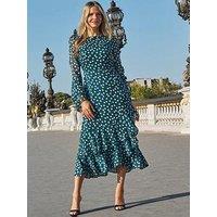 Sosandar Spot Print Ruffle Hem Fit & Flare Midaxi Dress - Green