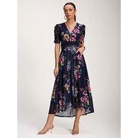 Jolie Moi Floral Print Mesh Maxi Dress - Navy