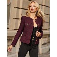 Sosandar Boucle Collarless Jacket - Burgundy