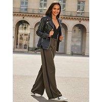 Sosandar Khaki Side Stripe Wide Leg Trouser - Green