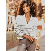 Sosandar Ivory & Taupe Stripe Quarter Zip Jumper