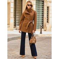 Sosandar Camel Belted Funnel Collar Coat - Brown