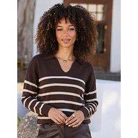 Sosandar Stripe Polo Collar Jumper - Chocolate Brown